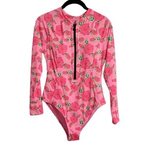 NWT Betsey Johnson Pink Floral Long Sleeve Swimsuit Size Large